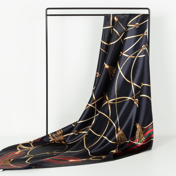 Women's Red/Green Head Scarf Like Silk Printed Square Hair Bandanas 35 Inches - Picture 5 of 7